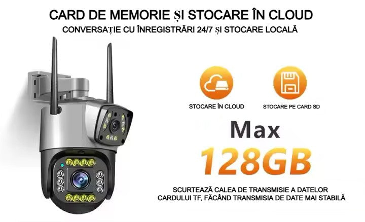 Cameră Supraveghere Inteligentă cu 2 Camere AT PERFORMANCE® – 4MP, WiFi, Audio, Vedere Nocturnă, Rotire 360° Orizontală
